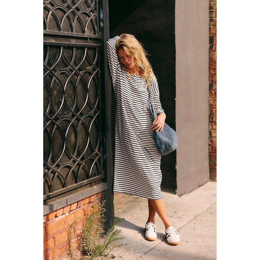 Free People FP Beach Tivoli Maxi Dress Small 3/4 Sleeve Striped Black White